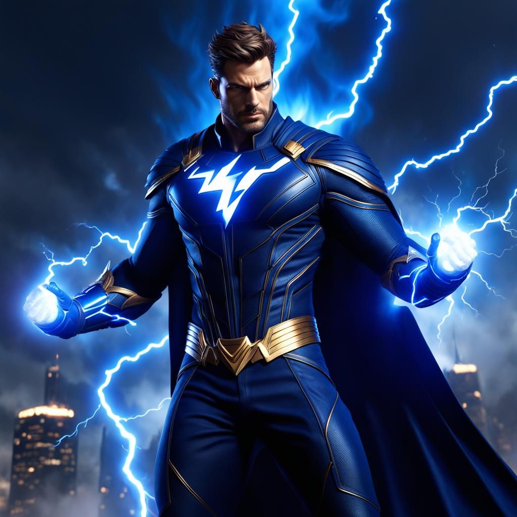 a super hero wearing a dark blue outfit and channeling lightning from the sky out of his fist detailed matte painting, d...
