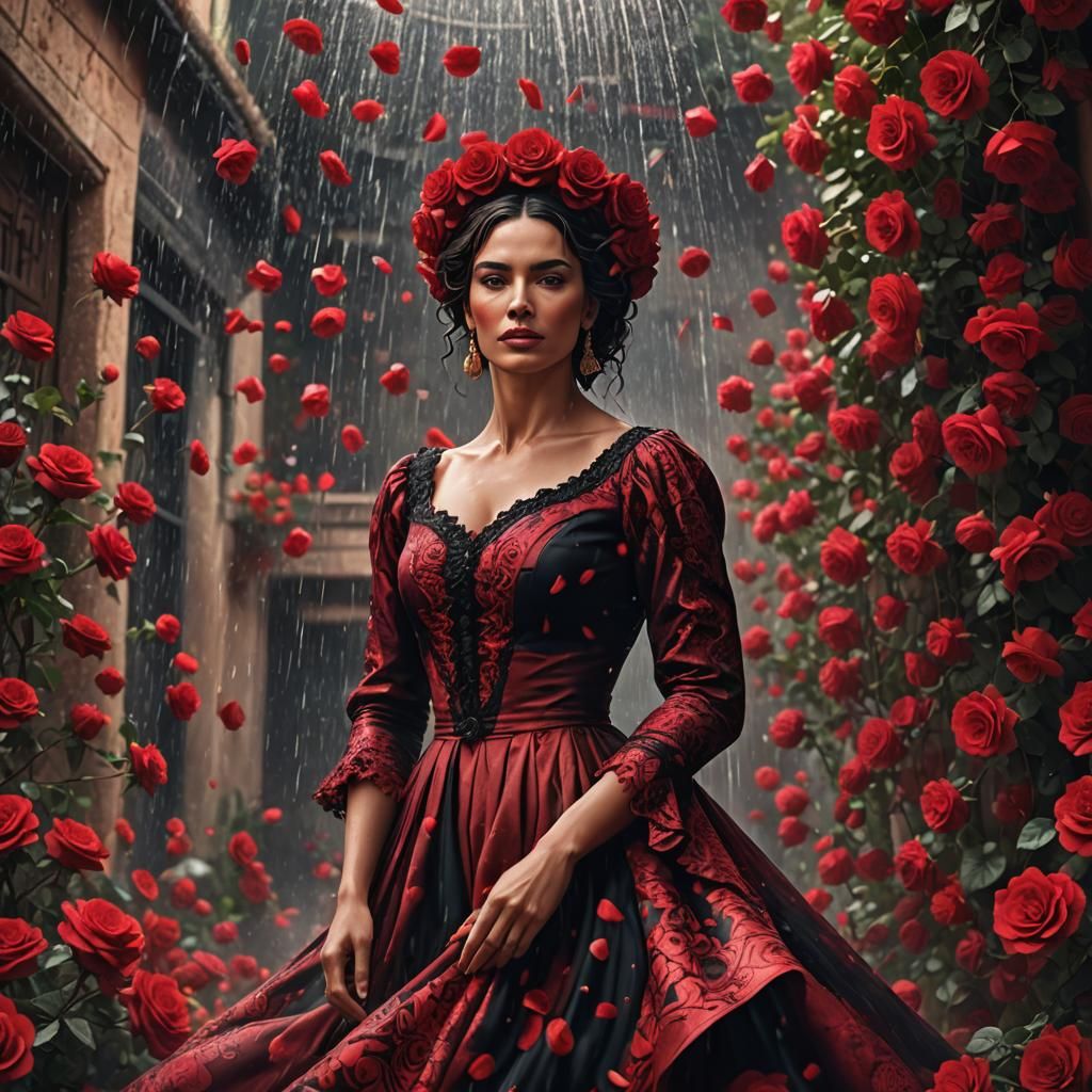 Flamenco Dancer in Roses: Detailed Matte Painting