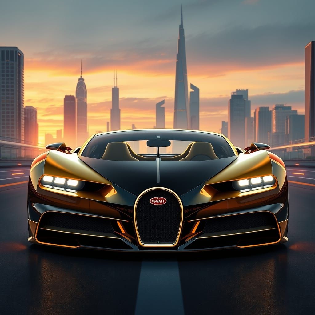 Luxury Bugatti in Futuristic Cityscape at Sunset