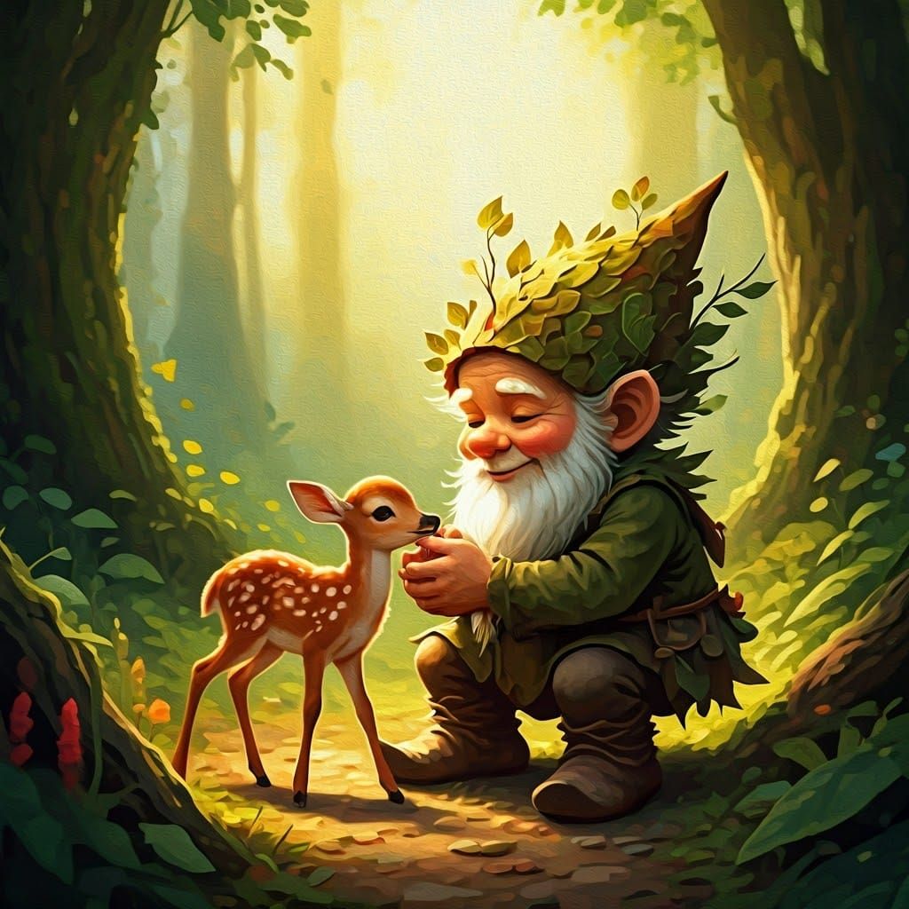 Gnome and Deer in Forest, Impressionist Style