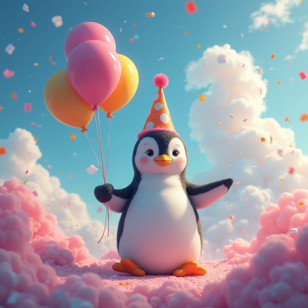 Whimsical Penguin Celebrates Birthday in Dreamlike Landscape