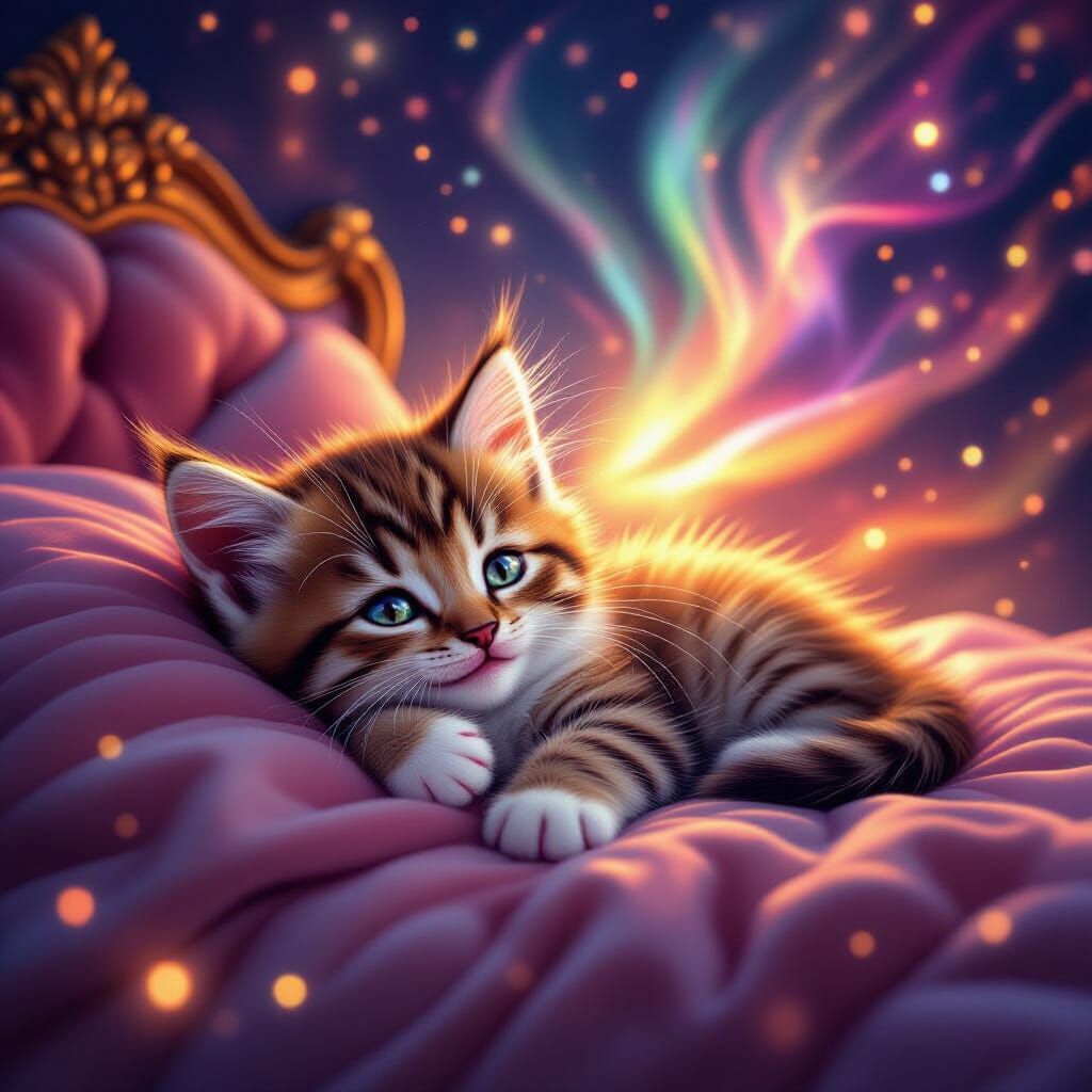 Dreamy Kitten Asleep in Magical Auroras