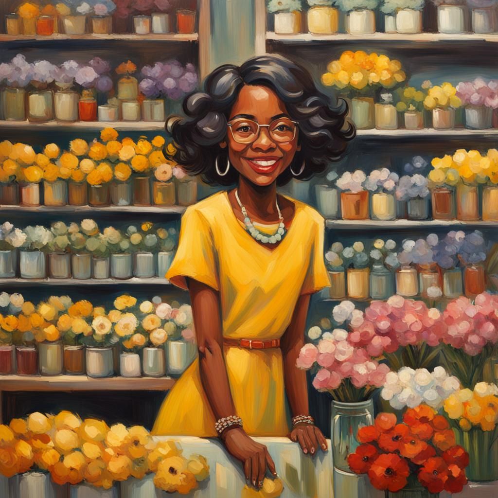 Chibi Woman at Flower Shop, Oil Painting