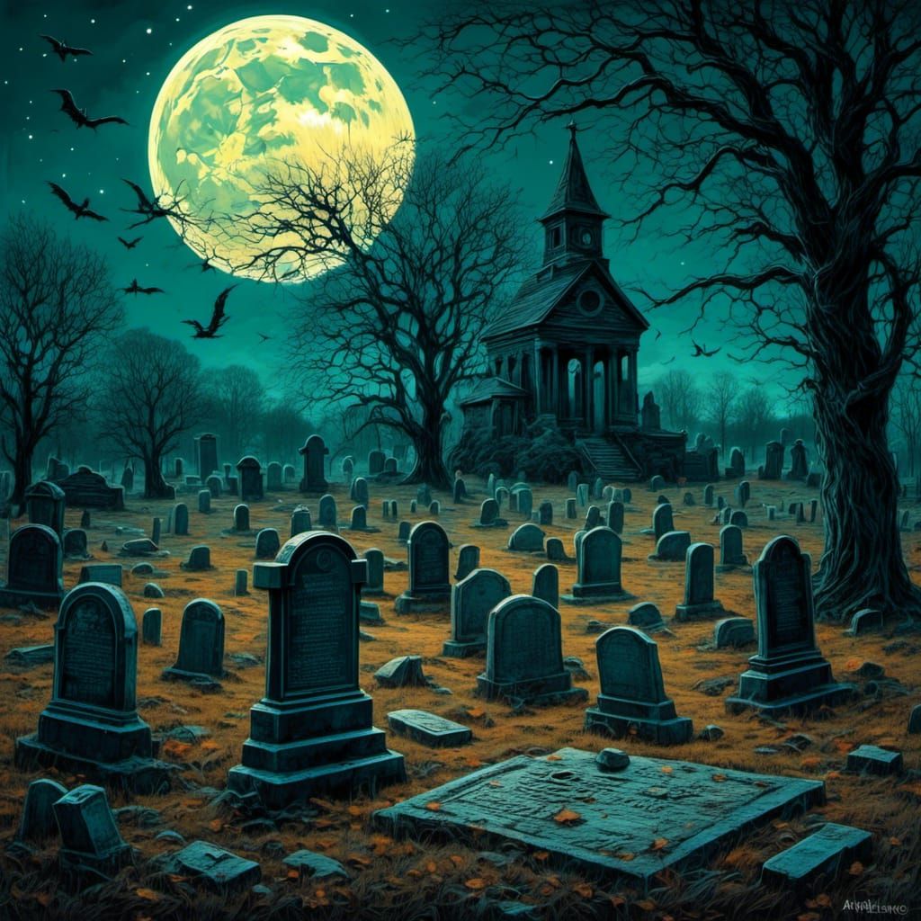 Mystical Graveyard Landscape with Astral Lights