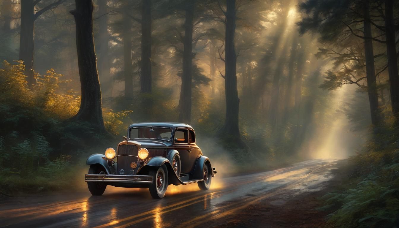 Mystical Forest Hot Rod in Oil Painting Style