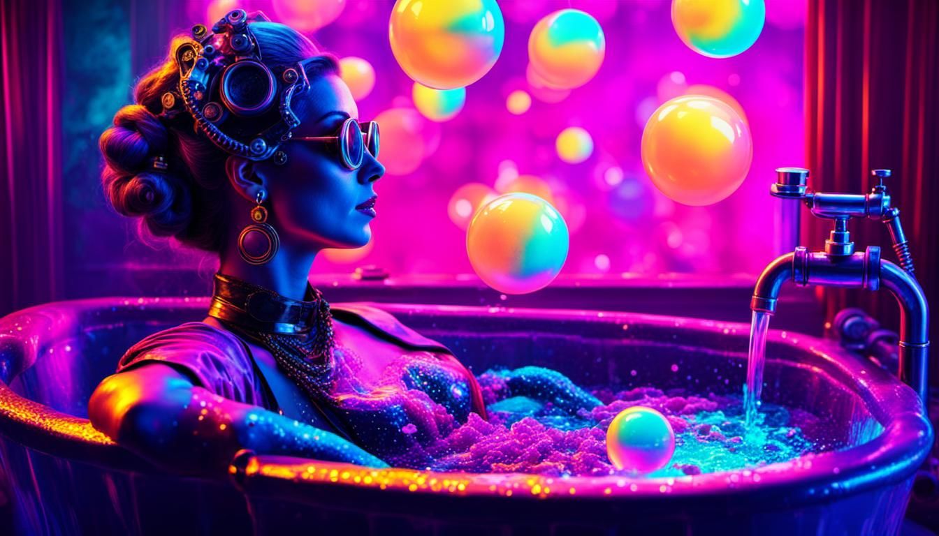 Steampunk Woman Relaxing in Neon Bubble Bath