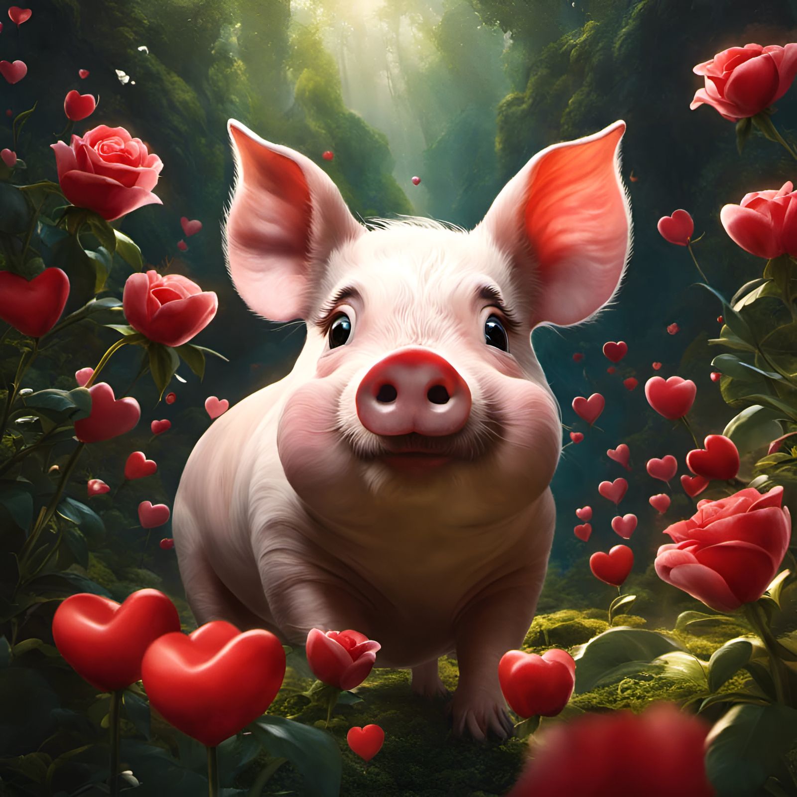 Sad Big-Eyed Piglet Surrounded by Hearts