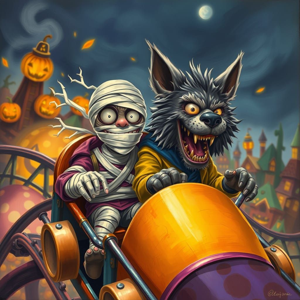 Mummy and Werewolf on a Whimsical Halloween Roller Coaster R...
