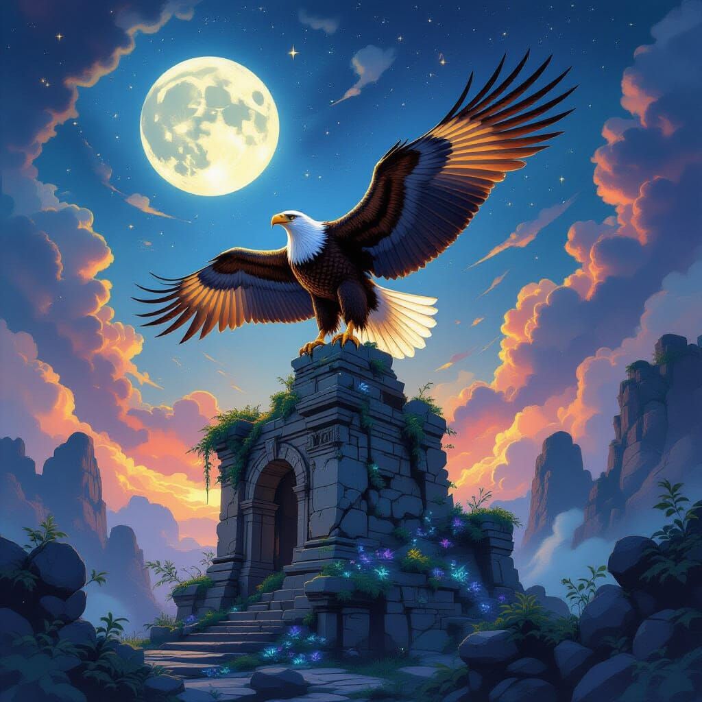 Golden Eagle on Ruin with Bioluminescent Flora