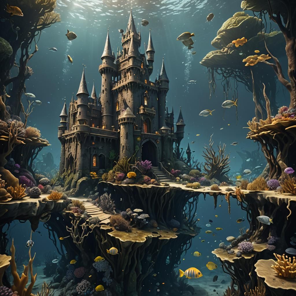Underwater Castle with Fish People in Kelp Forest