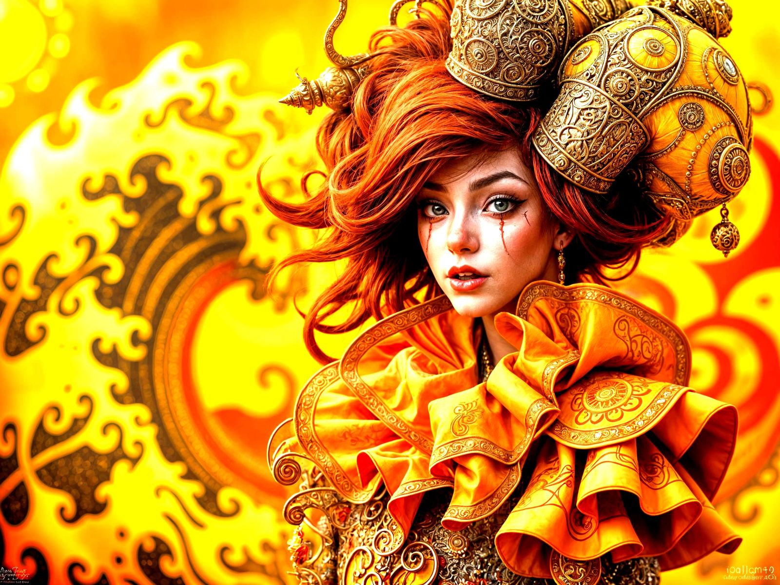 Steampunk Clowness in Vibrant, Swirling Patterns and Waves
