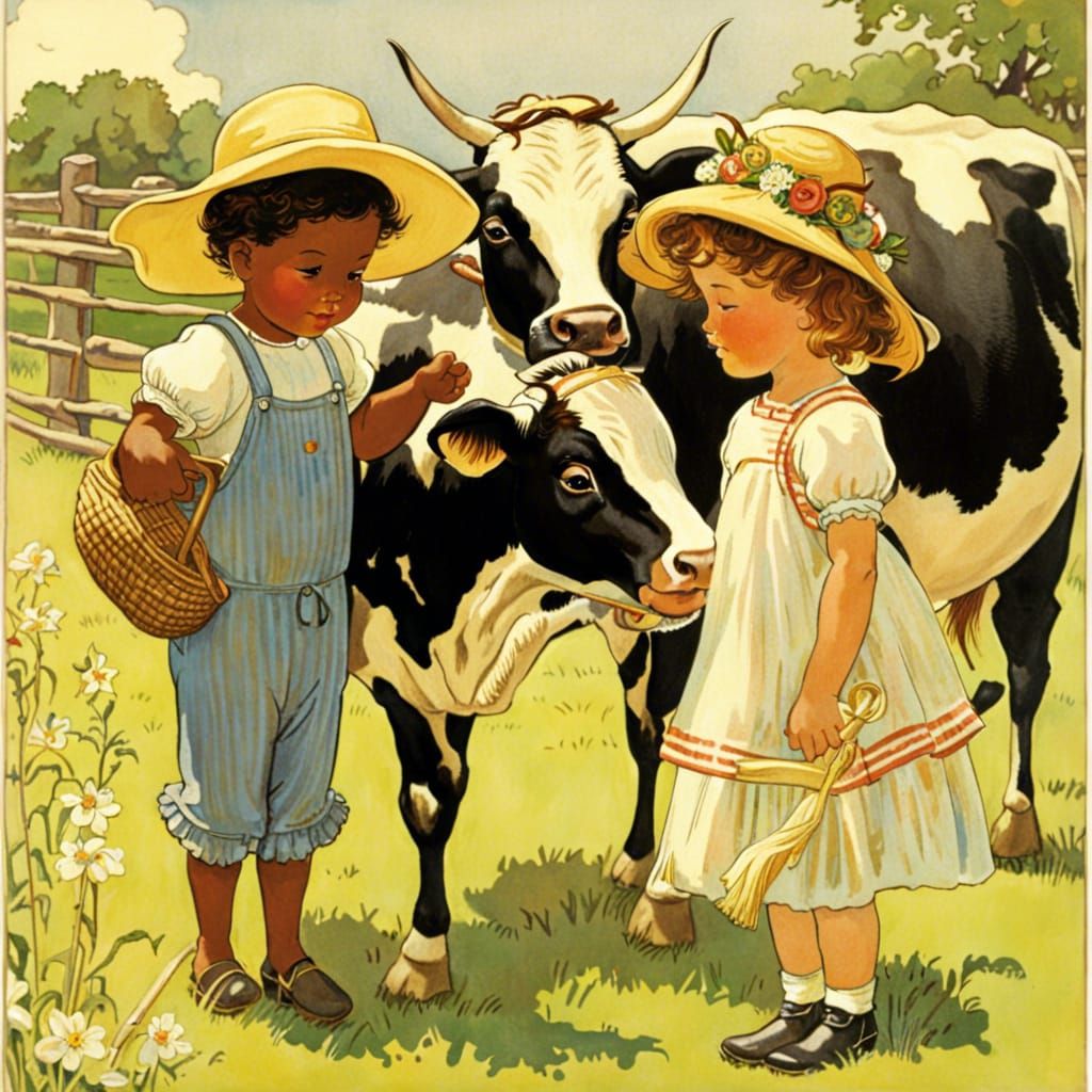 Toddler Siblings Petting Cows in Vintage Illustration Style