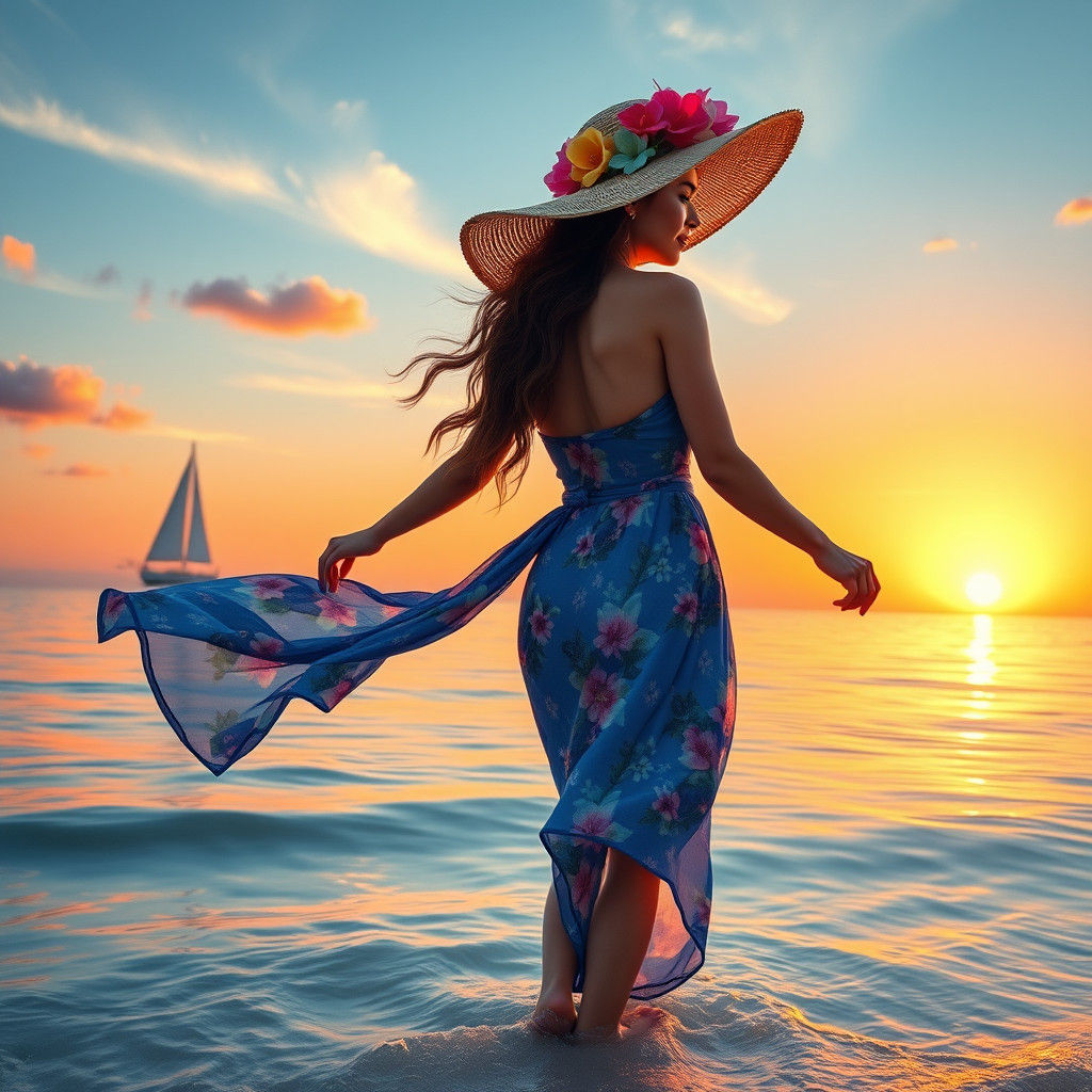 Woman on Beach at Sunset in Aquarelle Style