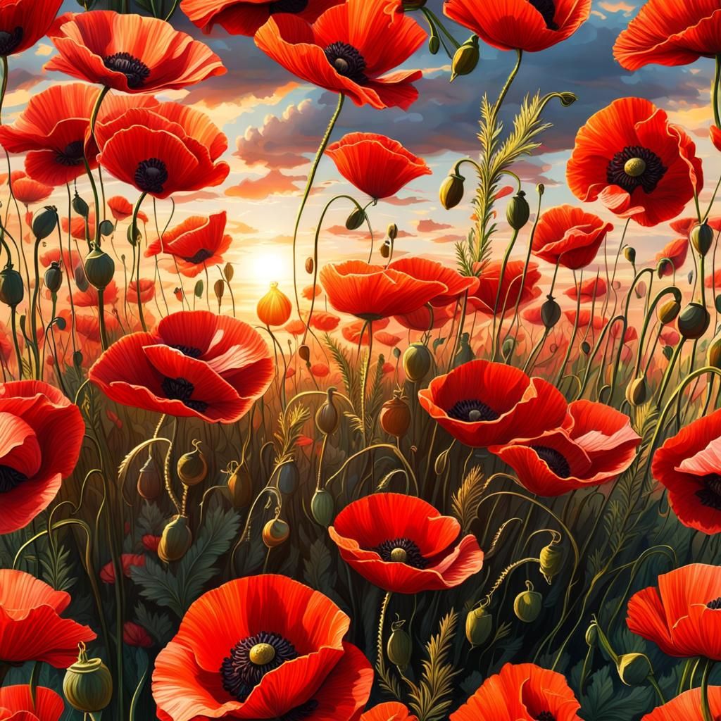 Hyperrealistic Poppy Field at Sunrise