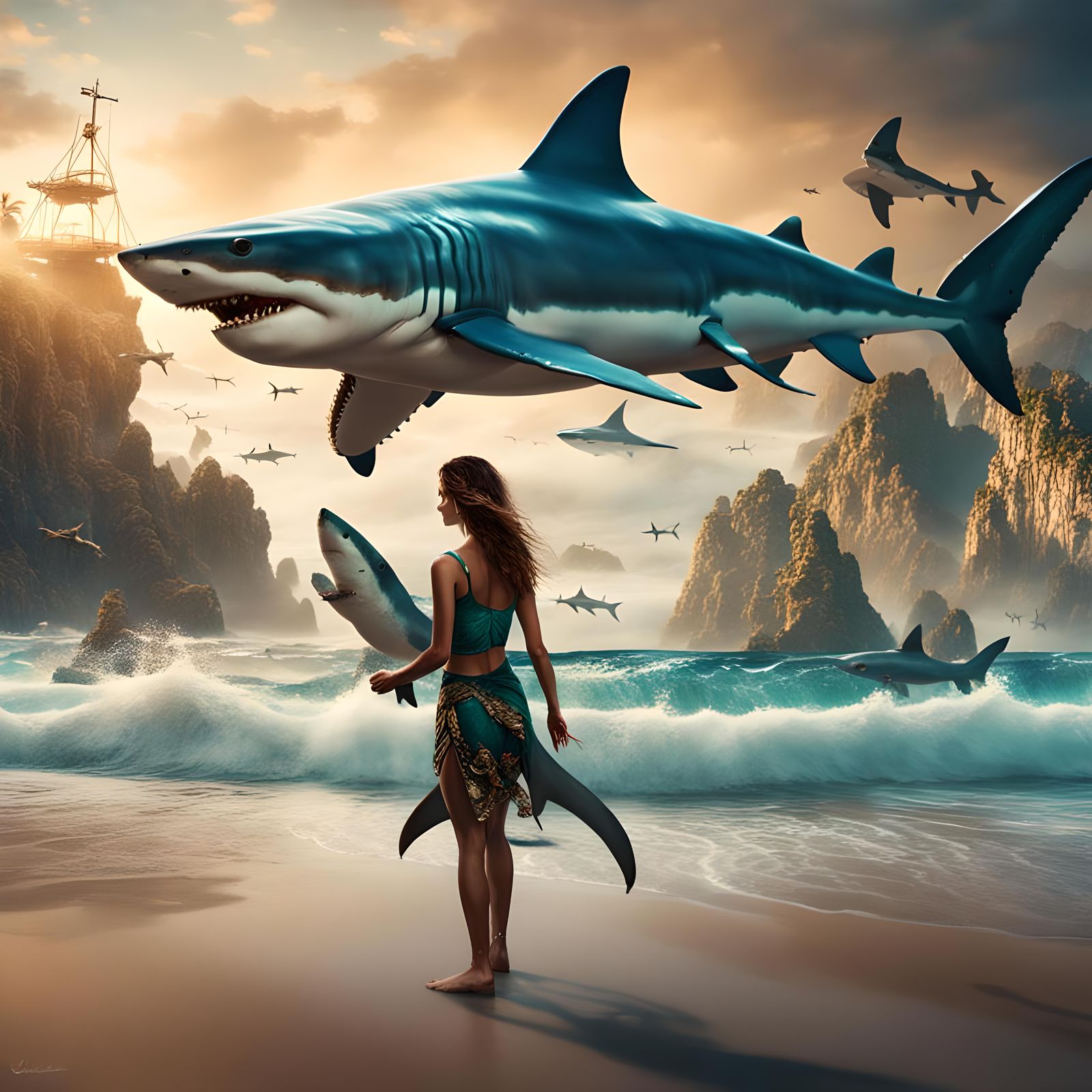Woman with Shark on Beach: Fantasy Concept Art