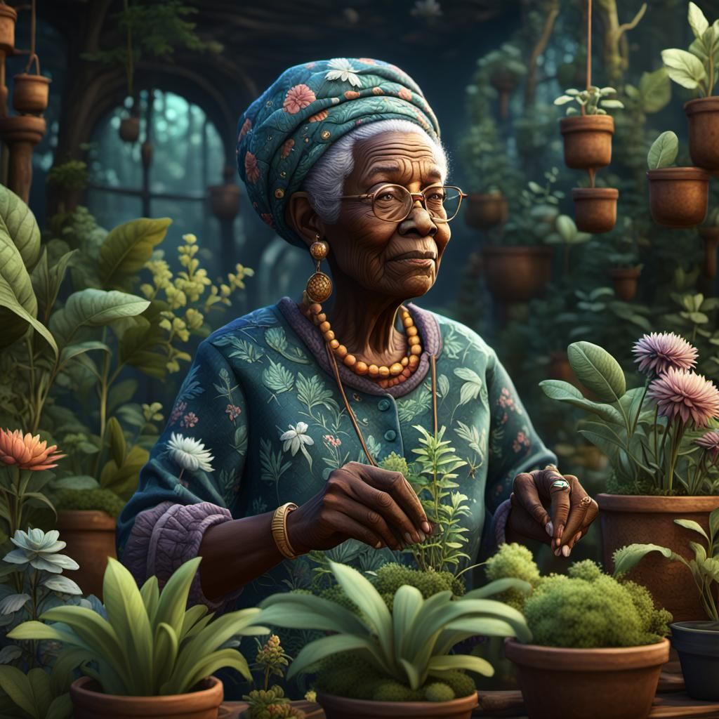 Old Herbologist Planting Flowers: Detailed Matte Painting