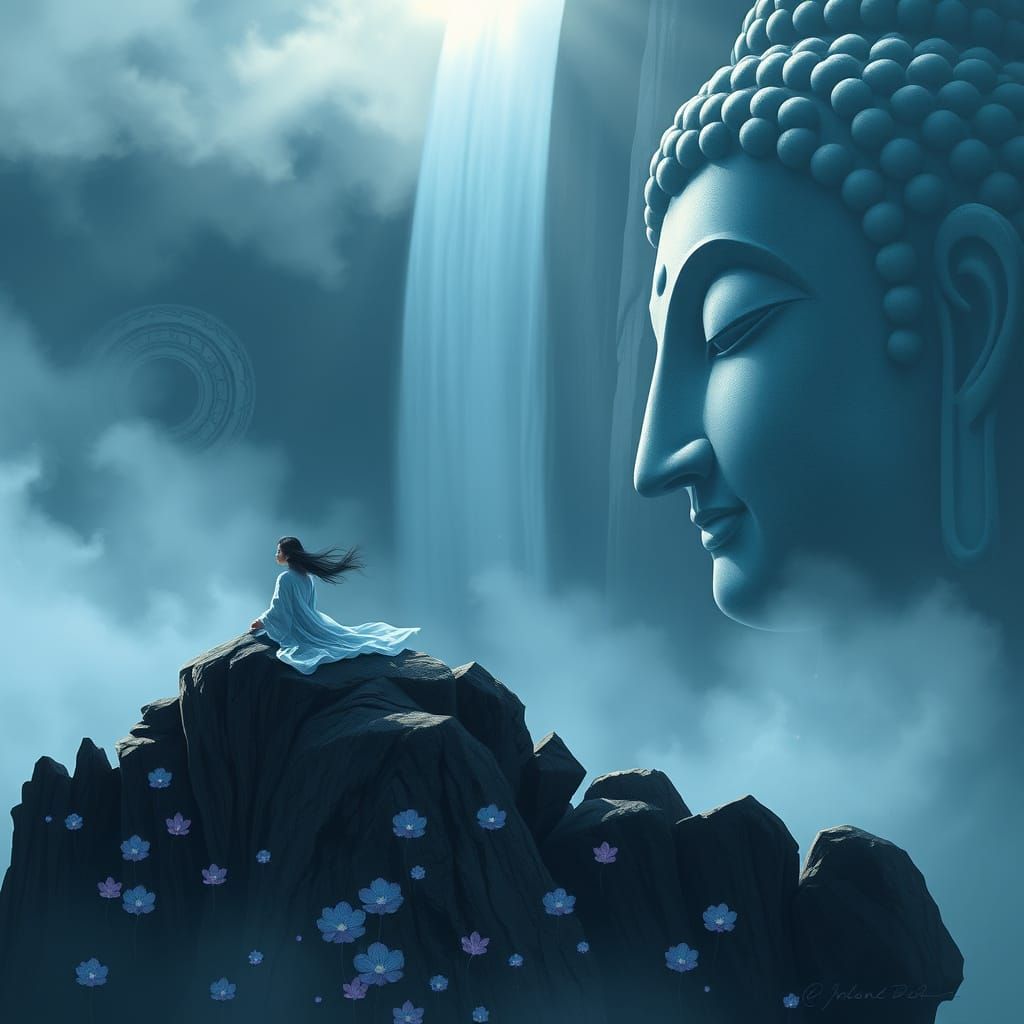 Ethereal Buddha's Refuge in a Dreamy Landscape