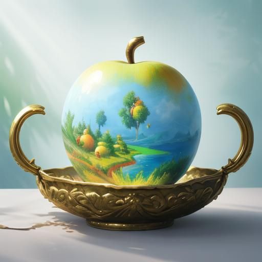 Woman with Golden Apples in Surreal Garden