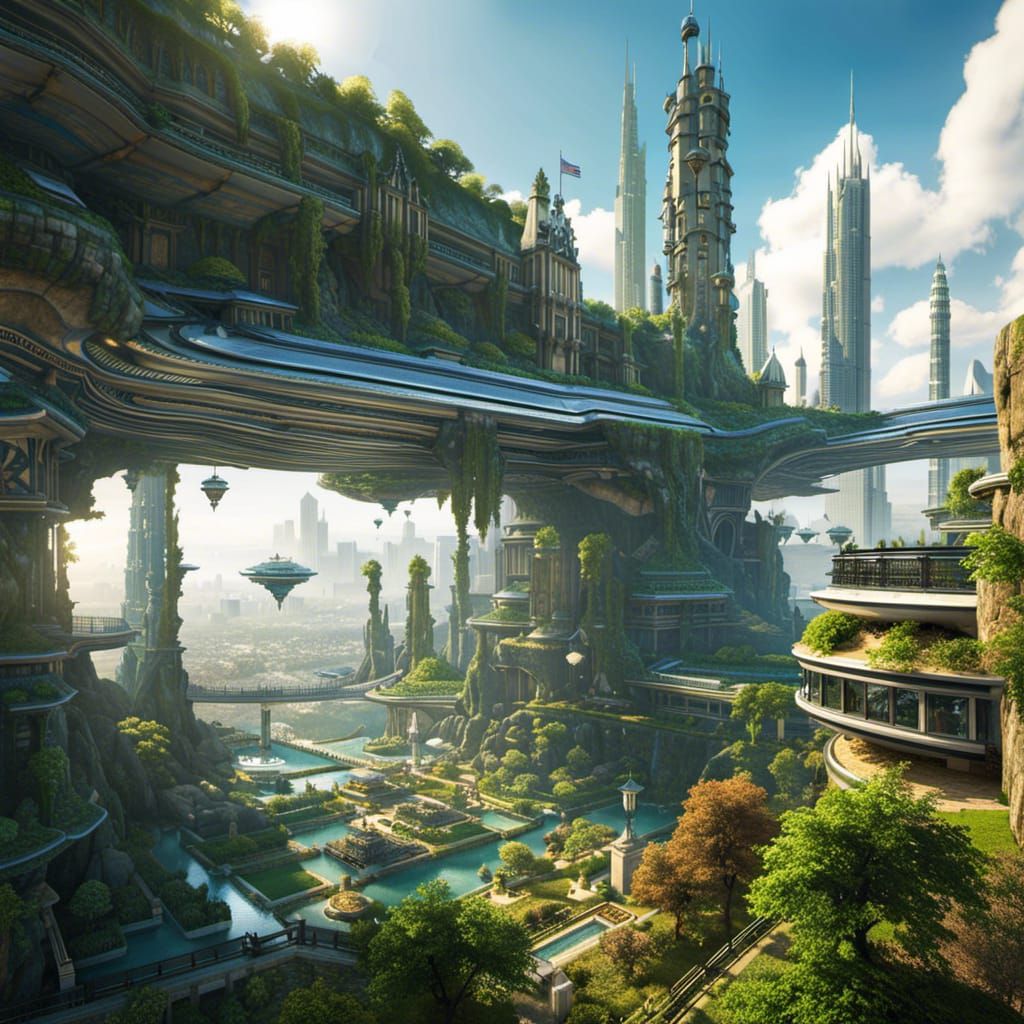 Ecological Solarpunk City with Interdimensional Canals