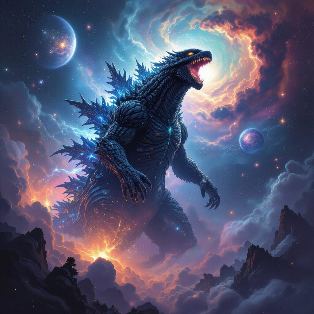 Bioluminescent Kaiju Emerges from Cosmic Nebula