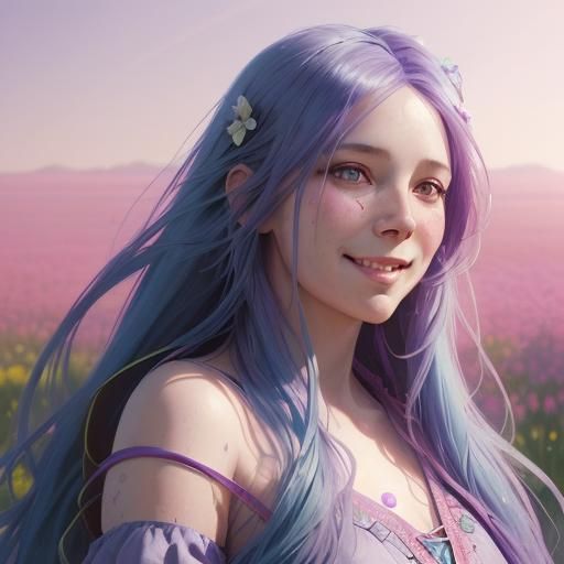 Sweet smiling girl with long blue hair and purple dress stan...