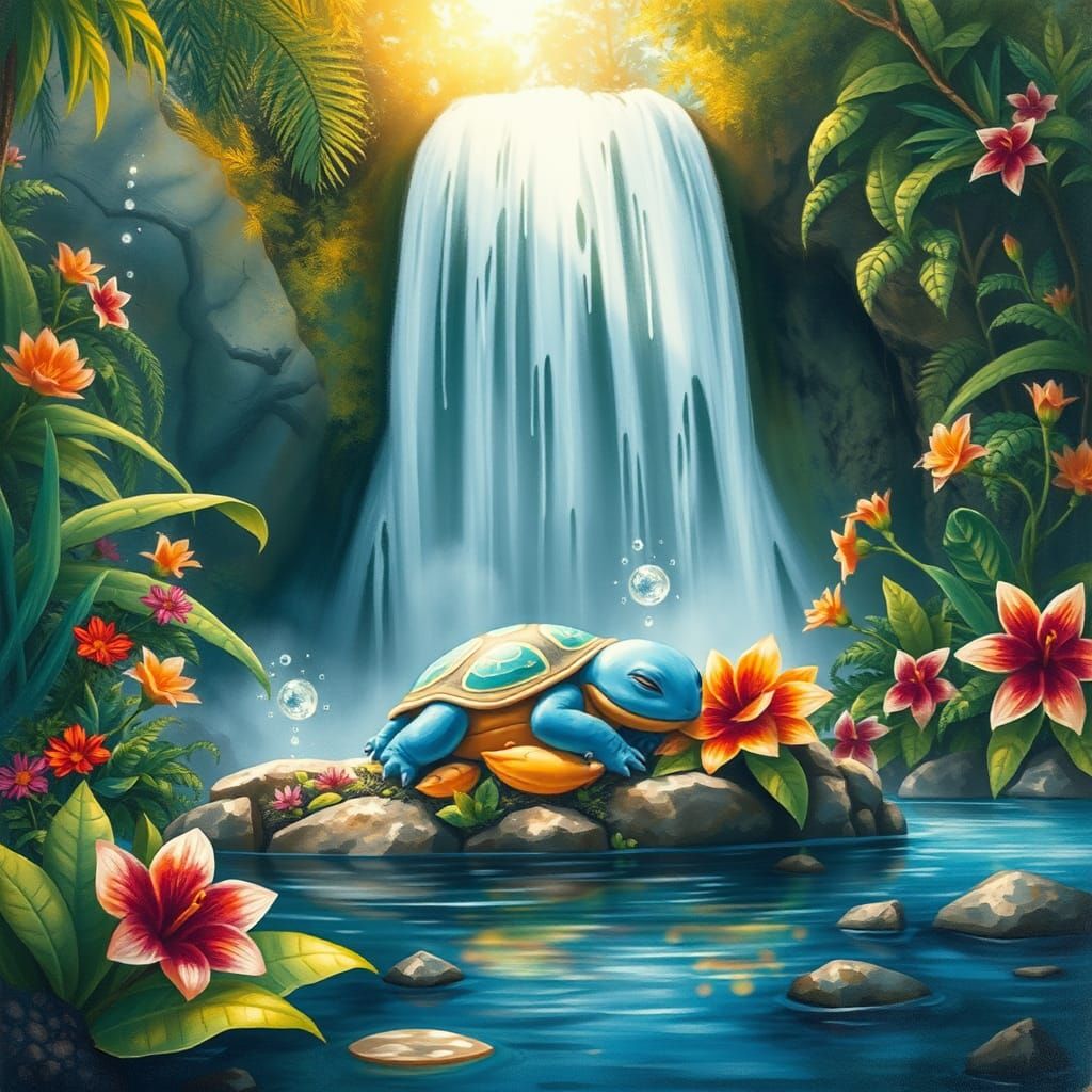 Wartortle Asleep in Jungle Waterfall, Watercolor Style