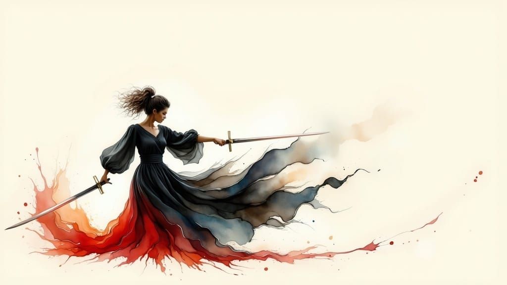 Lady in Black: Elegant Warrior in Watercolor