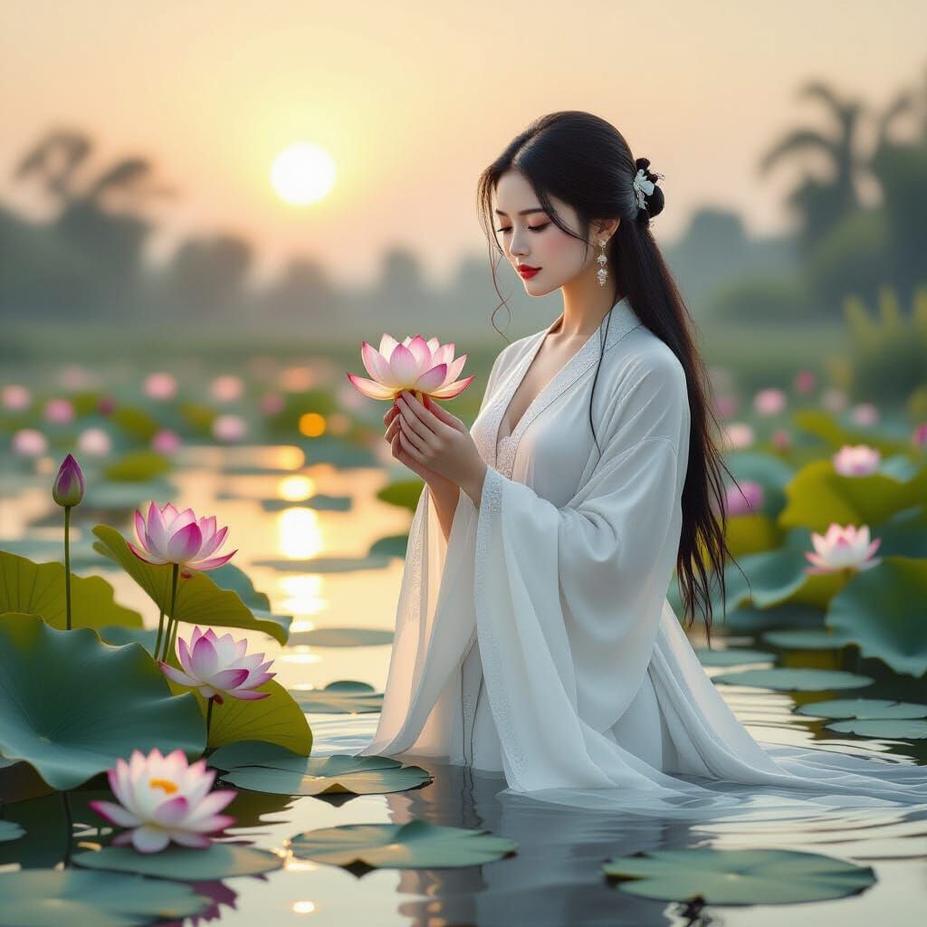 Vietnamese Woman with Lotus Flower at Dawn