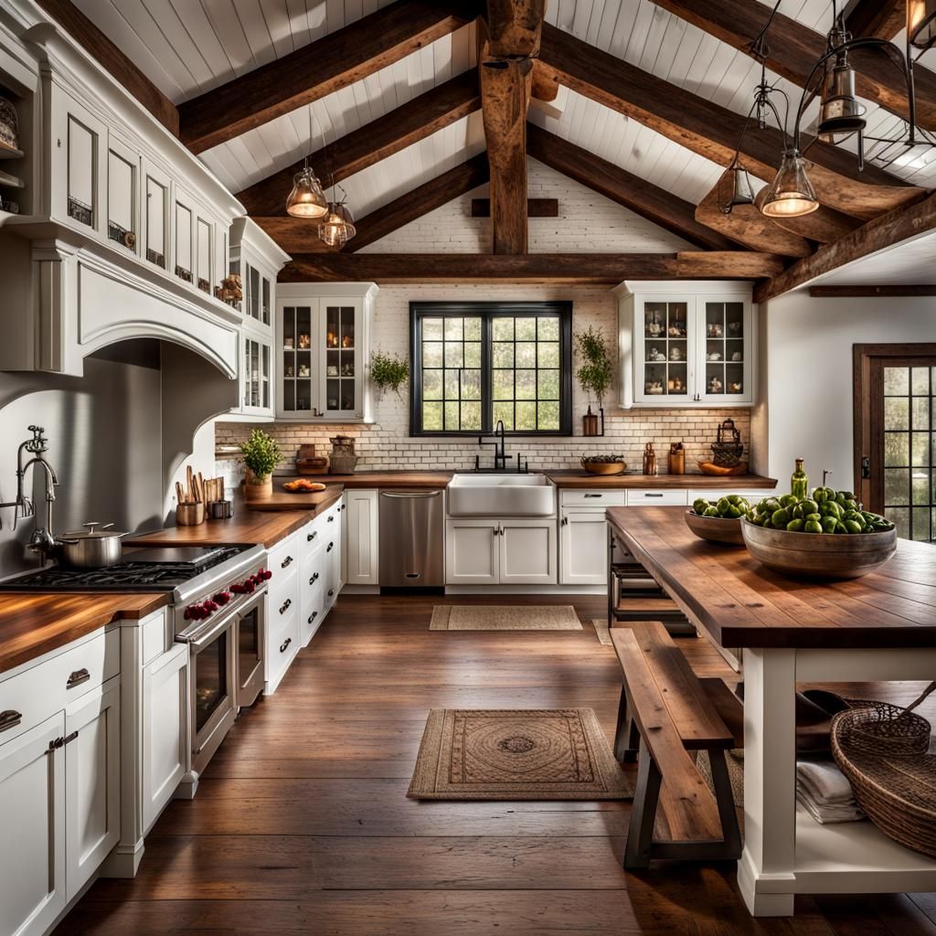 Beautiful Farmhouse Kitchen with Brick Fireplace in HDR