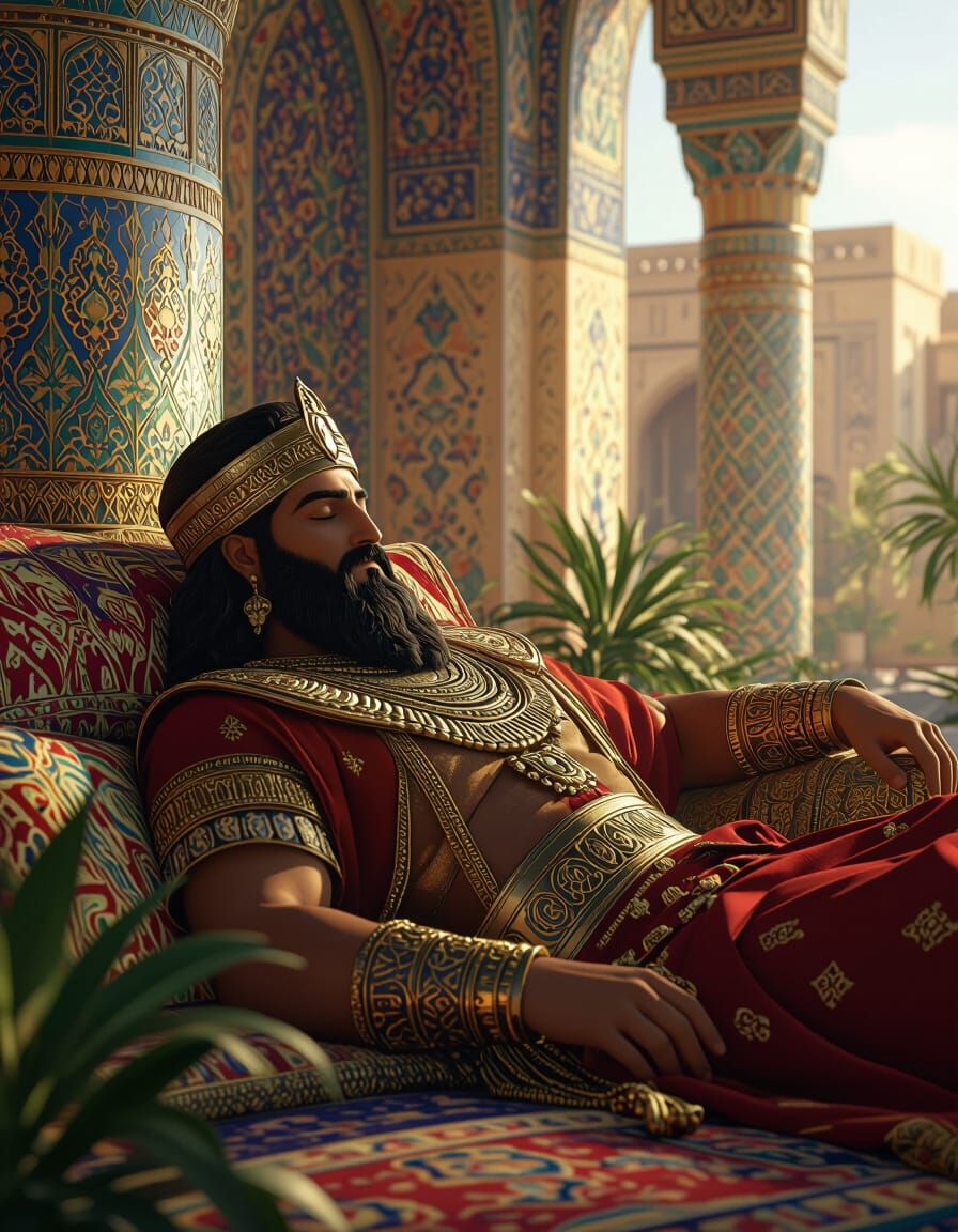 Cyrus the Great Asleep in Opulent Persian Setting