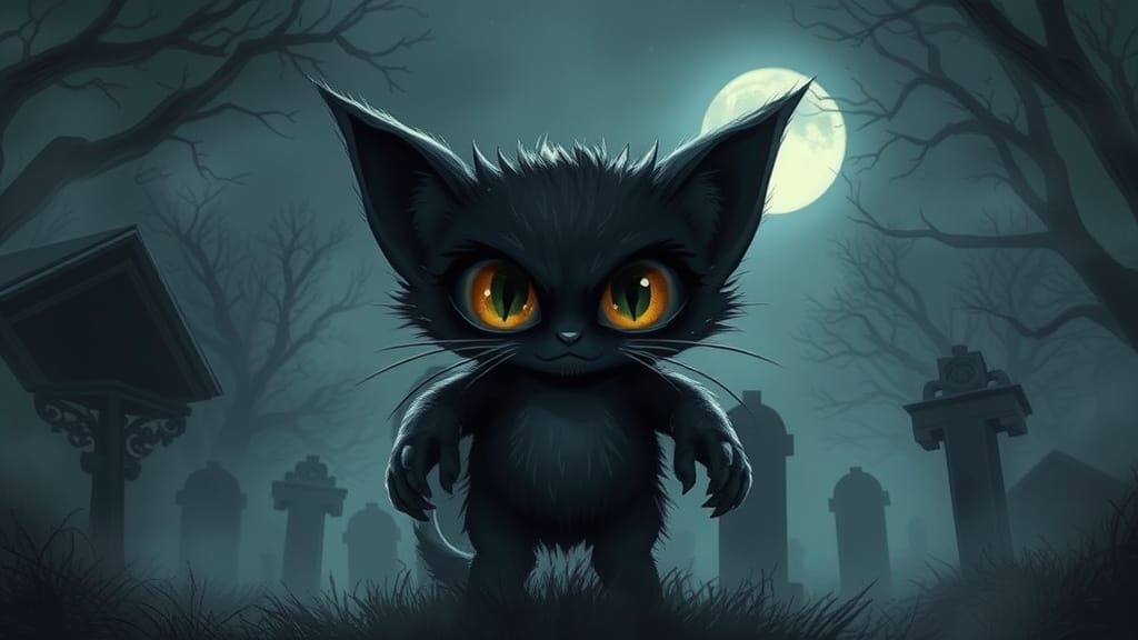 Whimsical Gothic Cat Monster in Moonlit Cemetery