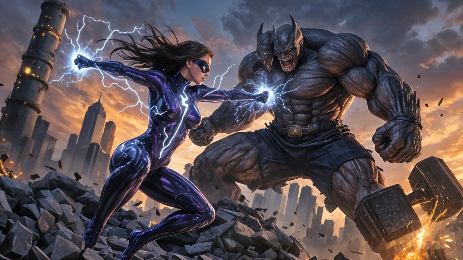 Dramatic Superhero Battle in Photorealistic Style