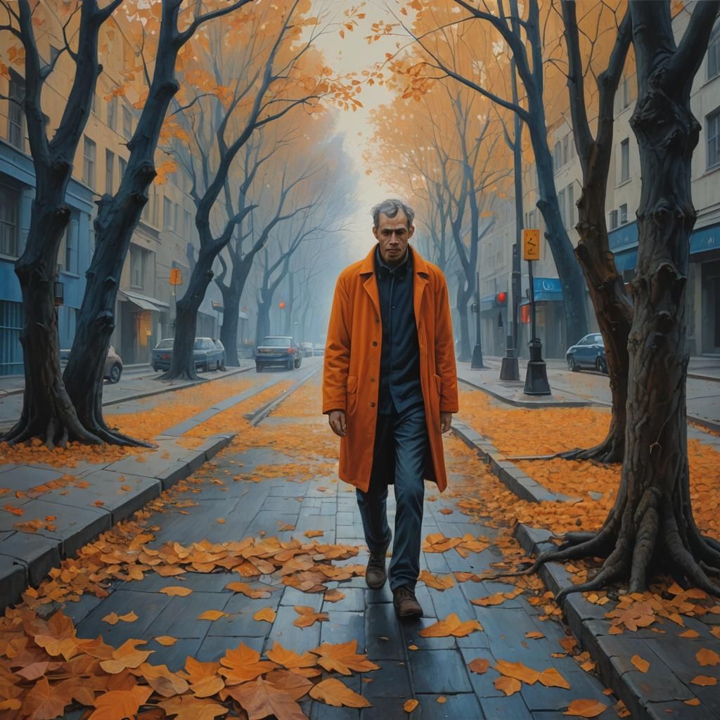 Solitary Figure in Autumn Cityscape: Hyperrealistic Oil Pain...