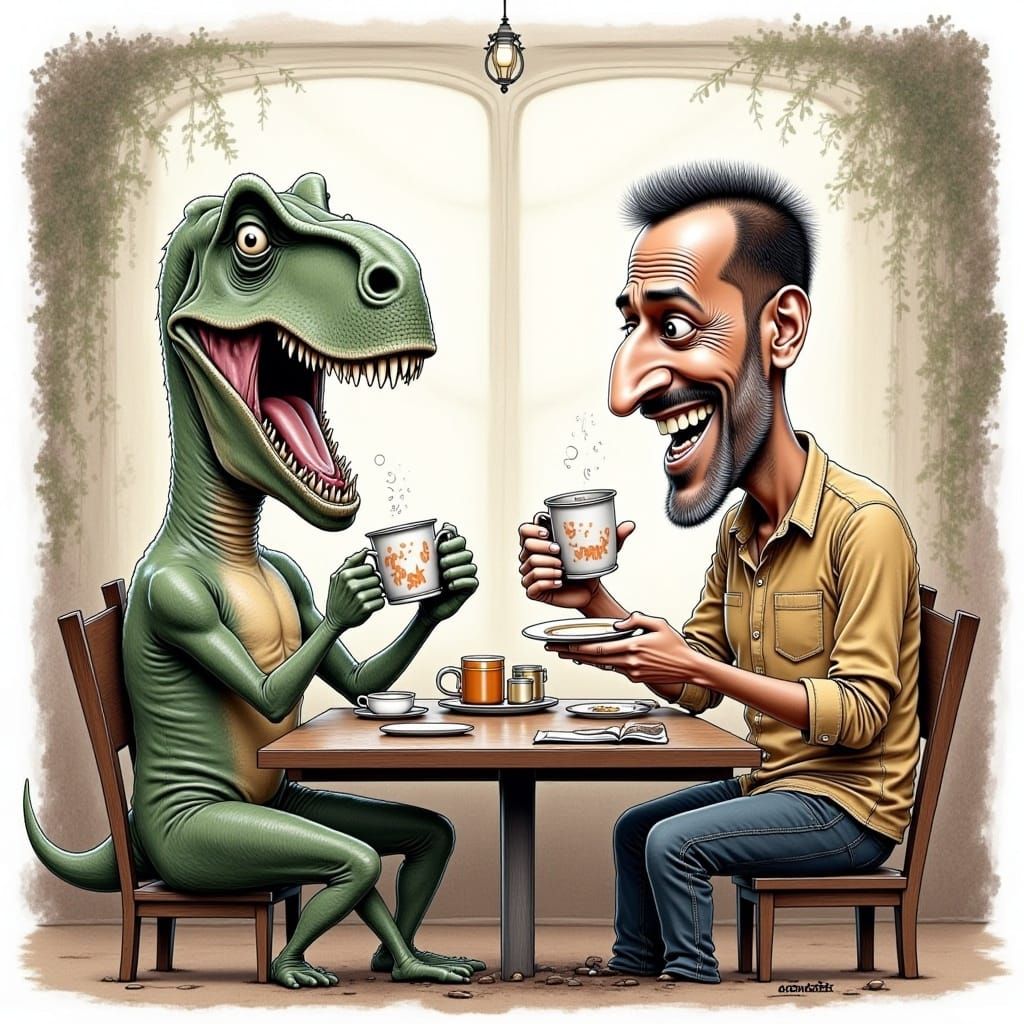 Tea Time with a Dinosaur: Funny Caricature Sketch