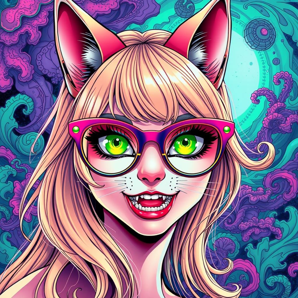 Vibrant Anime Neko Girl with Cyberpunk Style