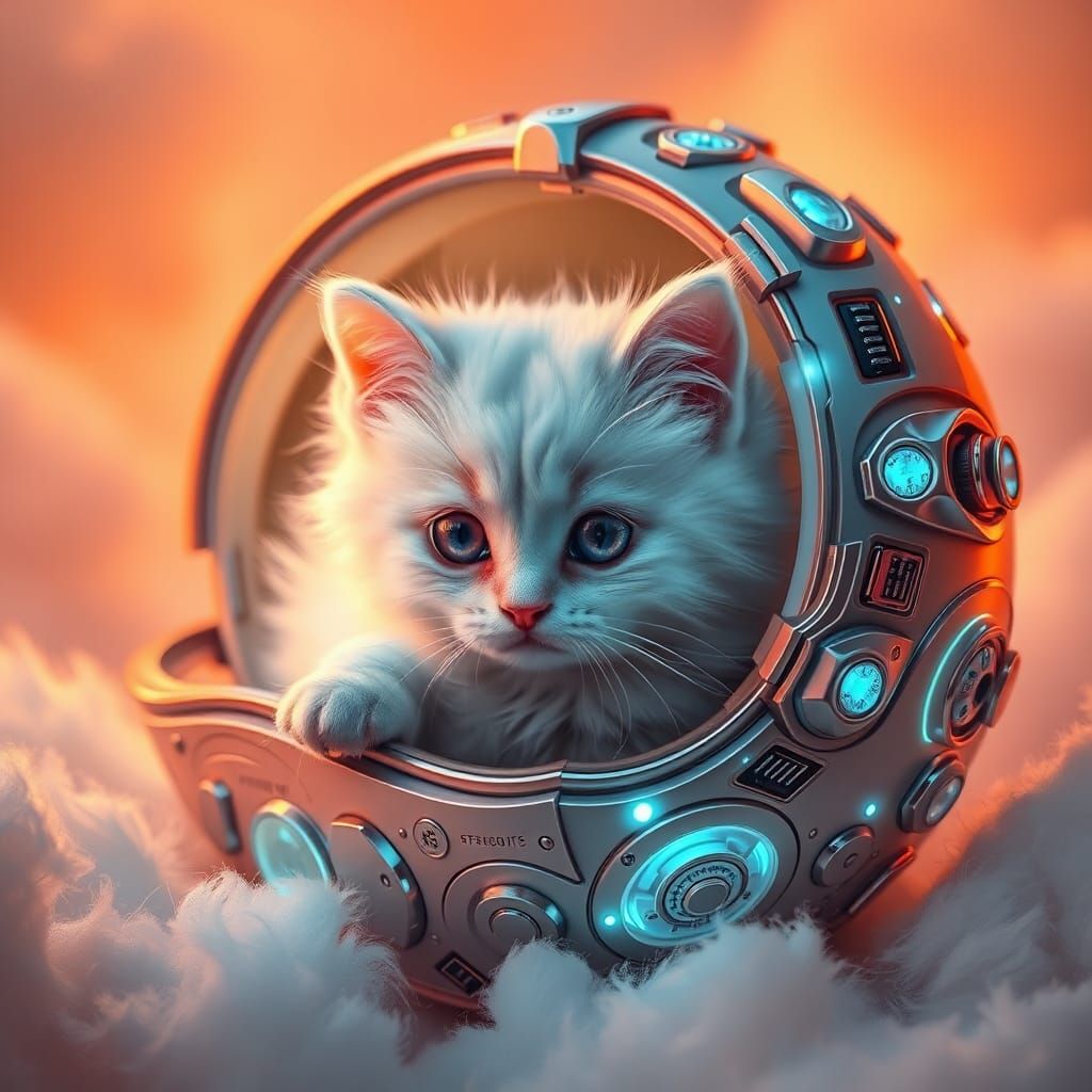 Iridescent Kitten in Cyborg Nautilus Shell