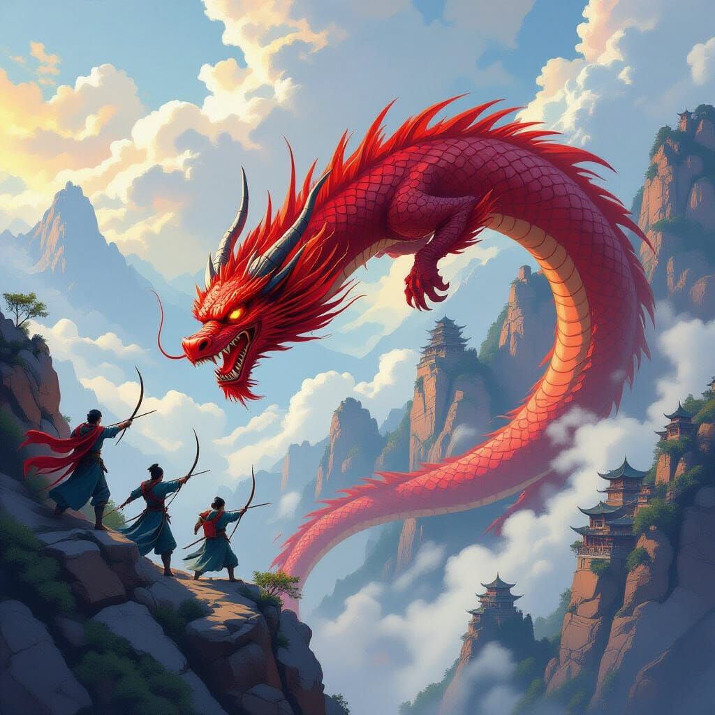 Fiery Red Dragon Attacks Mountain Archers, Chinese Art