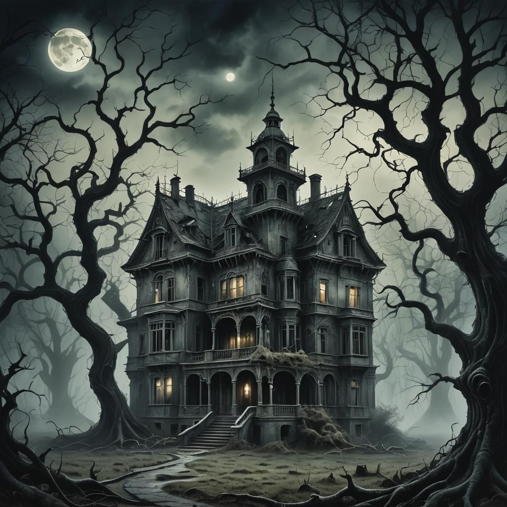 Eerie Mansion in Surreal Dark Fantasy Style