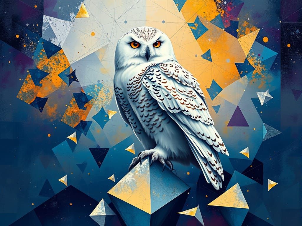 Majestic Snow Owl amidst Geometric Fractal Landscape