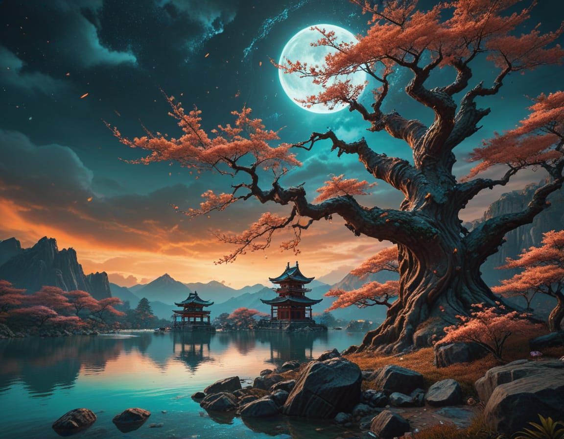 Sakura Tree Under Starry Night Sky