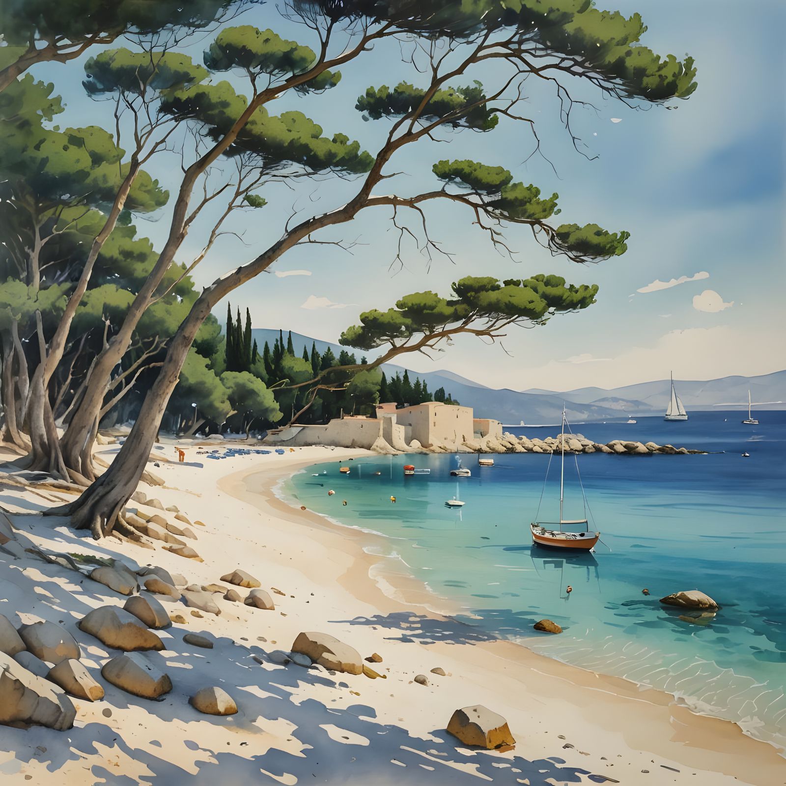 Vibrant Watercolor of Zlatni Rat Beach in Croatia with Turqu...