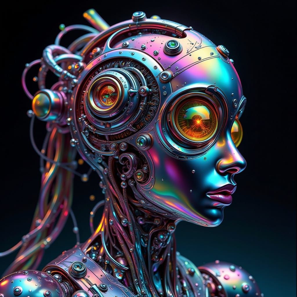 Cyberpunk Metal Sculpture in Iridescent Rainbow Hues