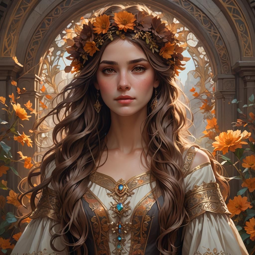 Renaissance Girl with Flower Crown, Art Nouveau Portrait