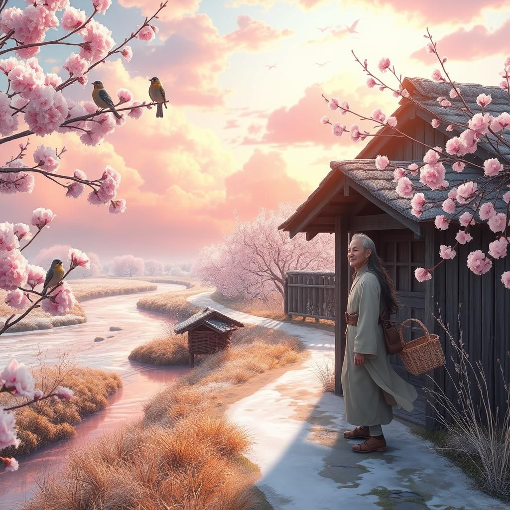 Frosty Cherry Blossoms in Dreamlike Anime Landscape