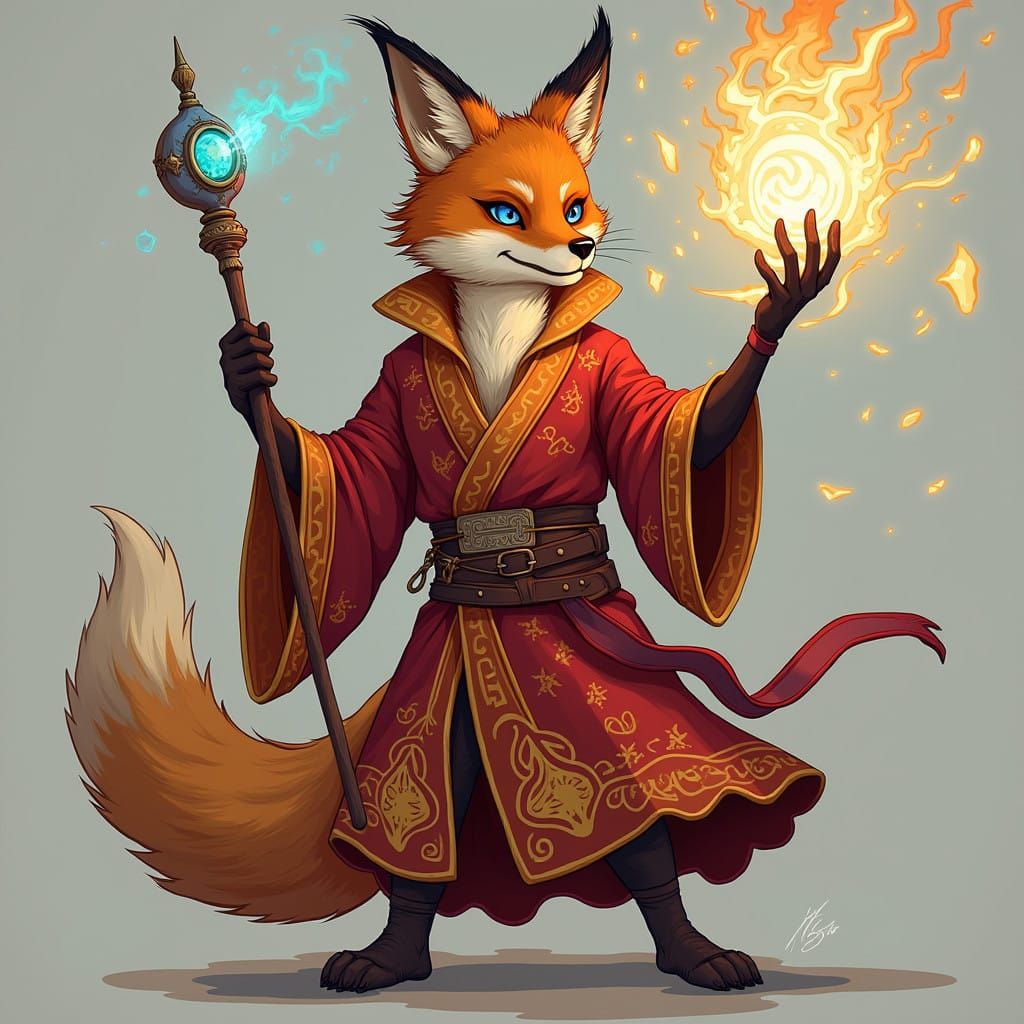 Fantasy Fox Sorcerer Weaves Mystical Spell