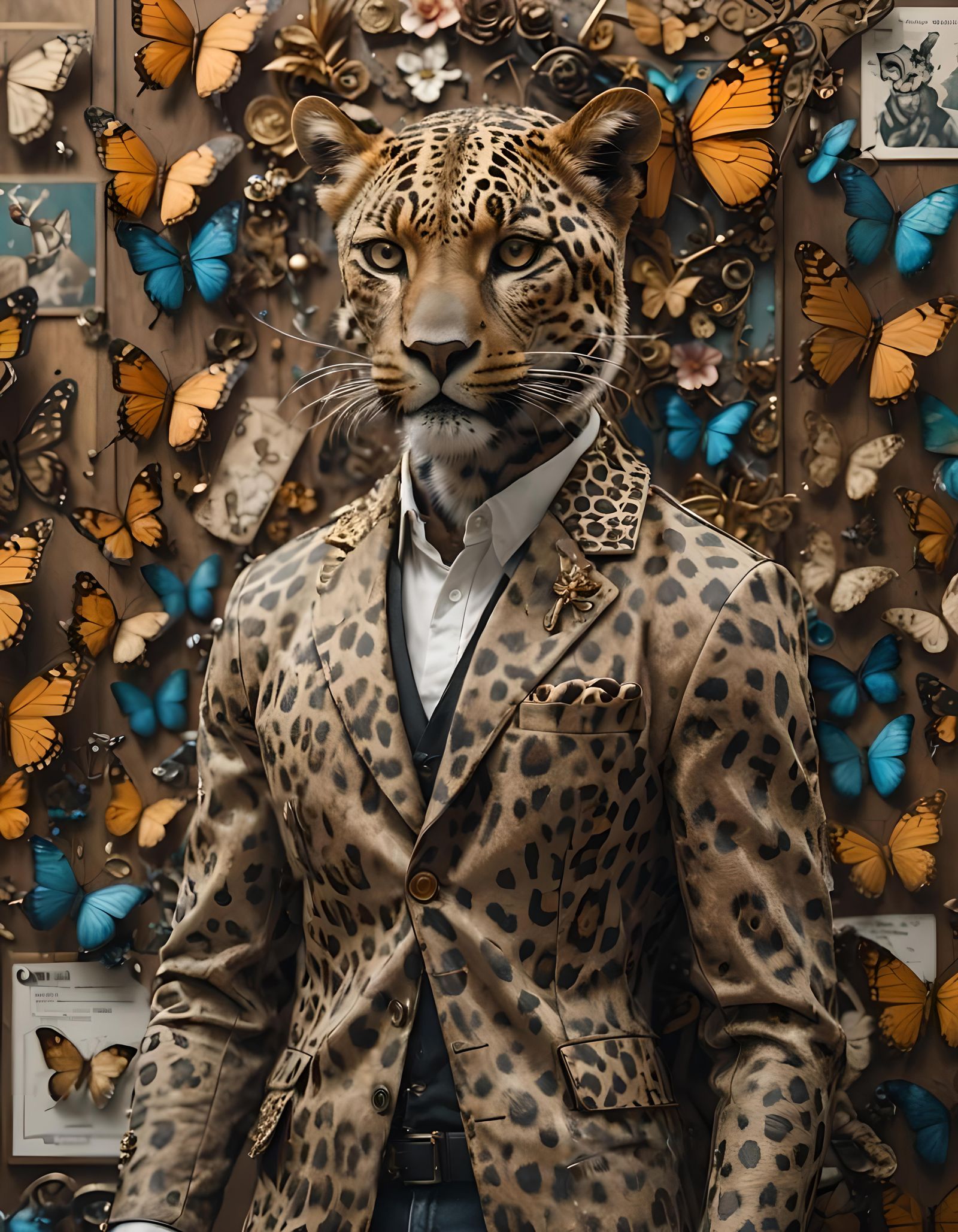 Anthro Leopard Portrait with Butterfly Pin Board