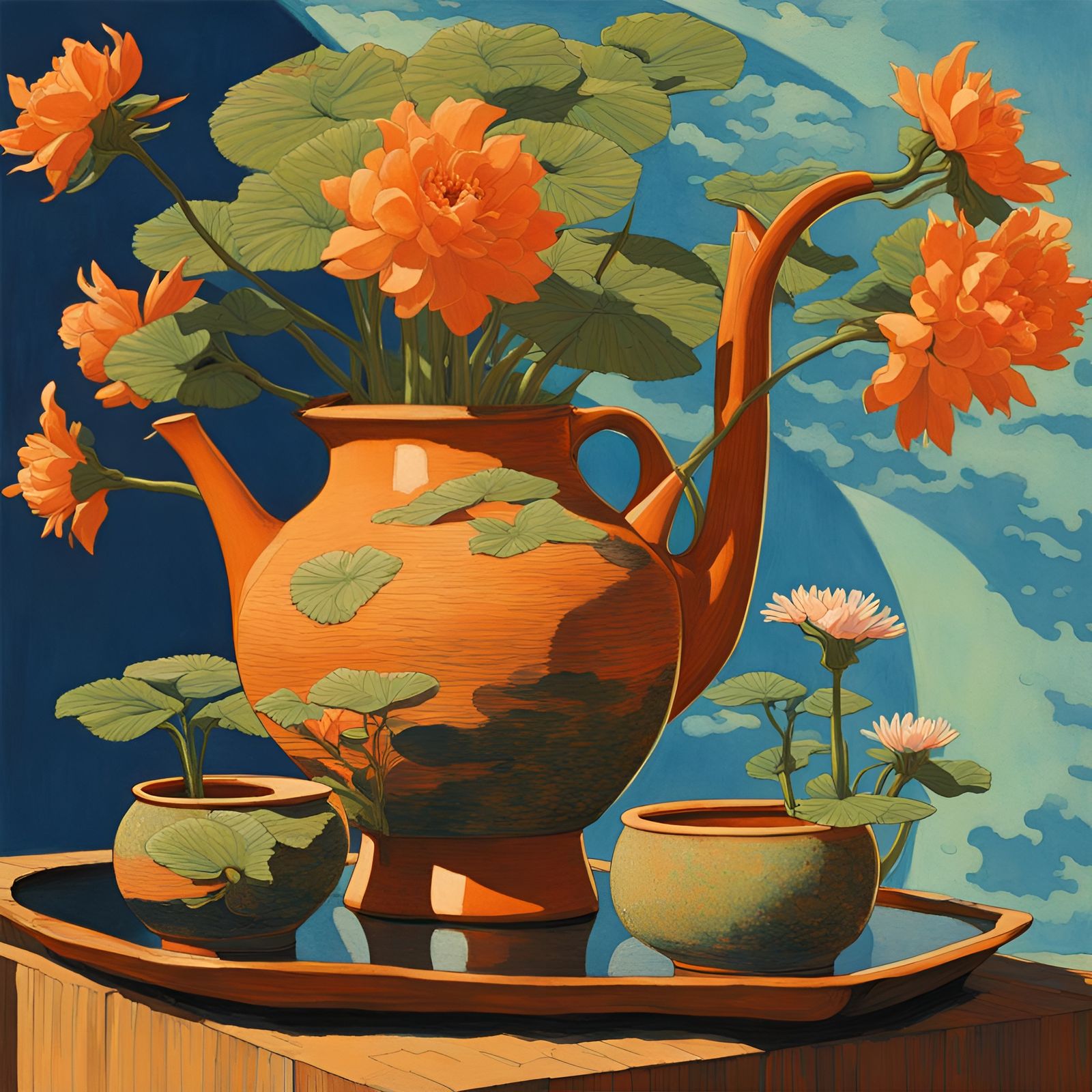 16k resolution, art by Hasui Kawase, Claude Monet, Syd Mead. Eccentric clay pottery in a futuristic, impressionistic gar...