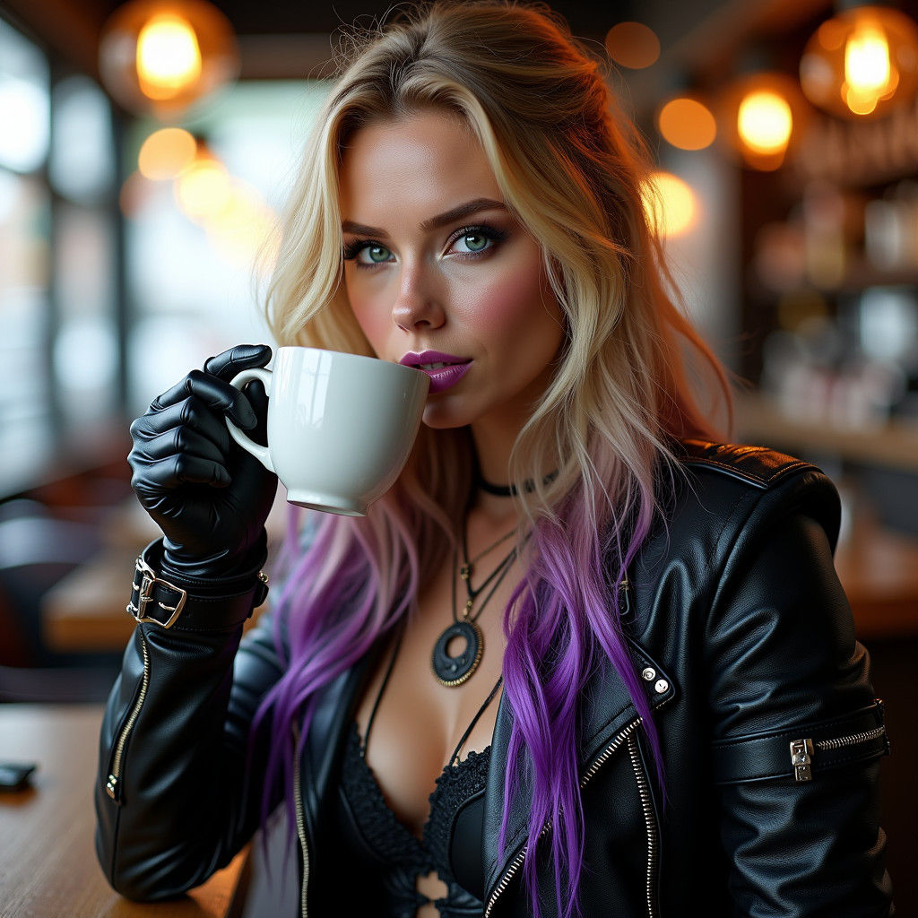 Valkyrie Biker in Cafe, Digital Art