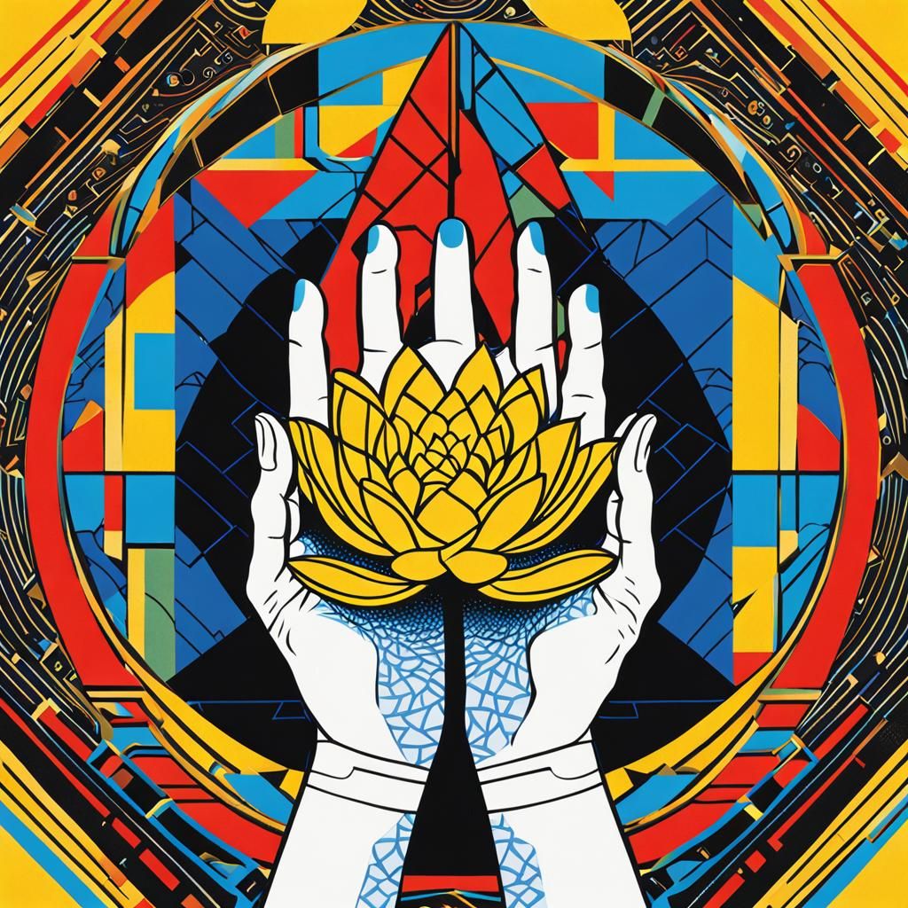 Hand of God Cradling Lotus in Pop Art Portal