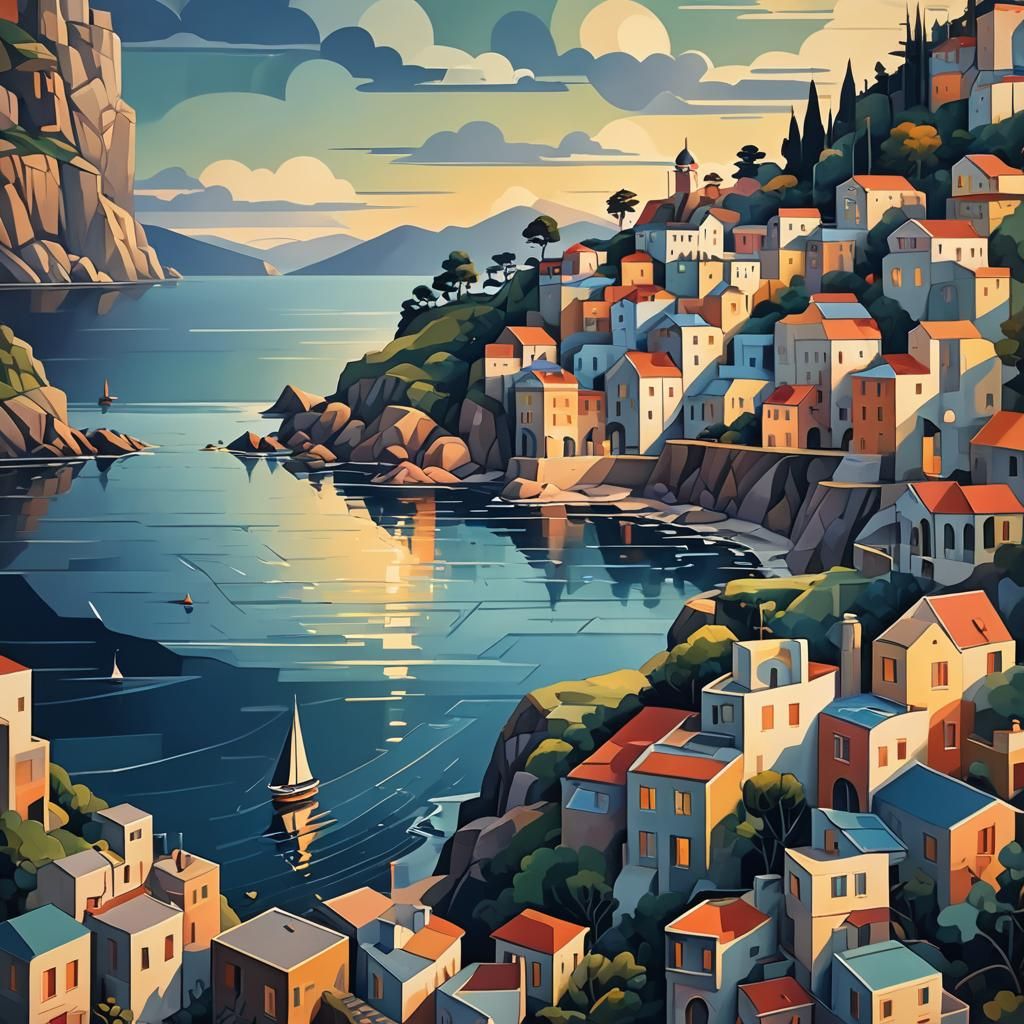 Cubist Coastal Night Landscape in Geometric Fauvism Style